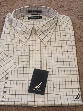 Nautica White Button-Down Shirt with Navy Windowpane Check